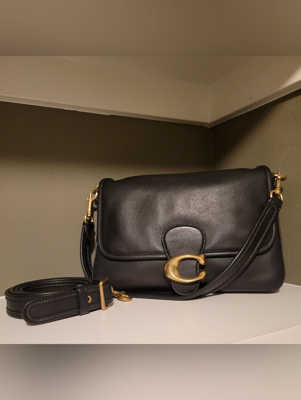 Coach Soft Tabby Shoulder Bag Black Leather Brass C4823